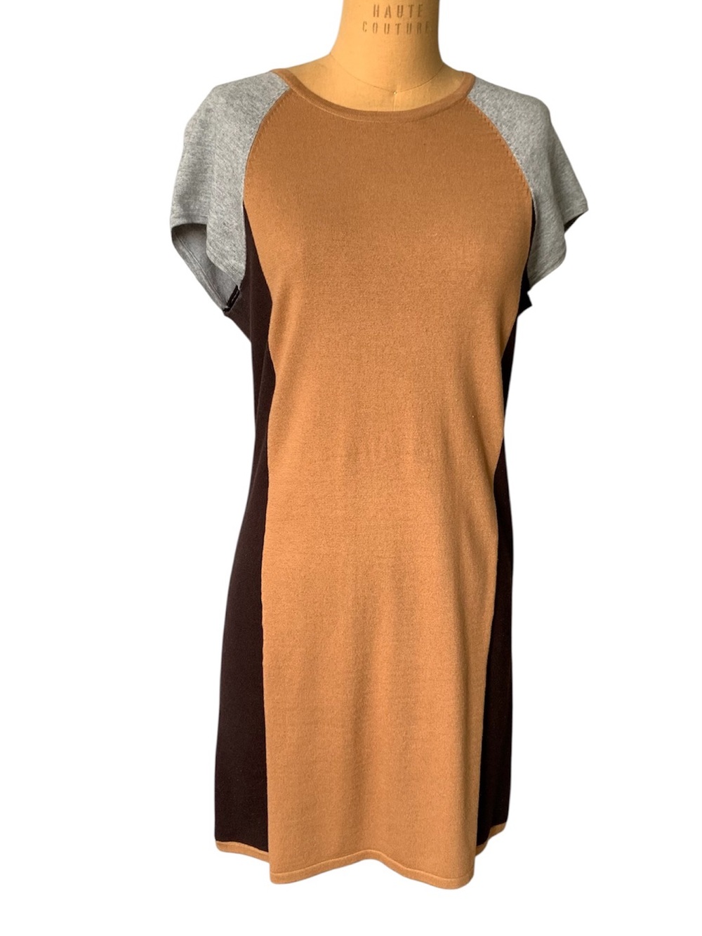 Magaschoni Camel, Charcoal & Heather Gray Colorblock Knit Midi Dress